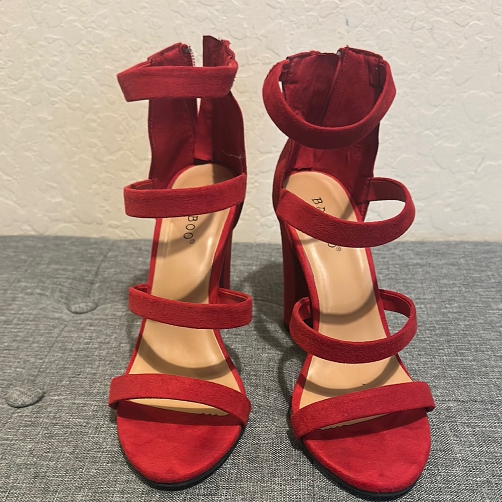 BAMBOO Vibrant Red Multi-Strap Heels